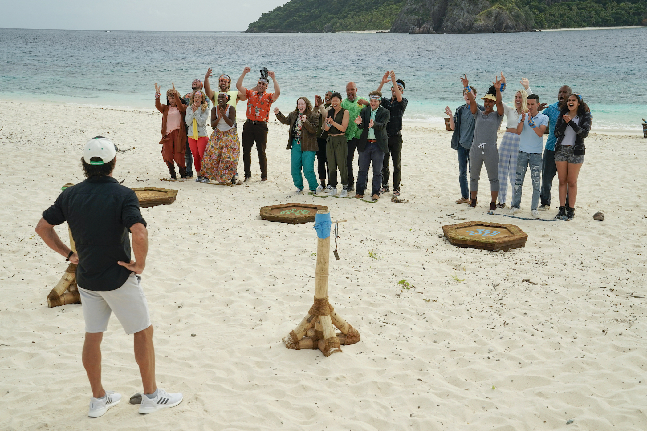 Jeff Probst on the beach with the 'Survivor' Season 42 cast
