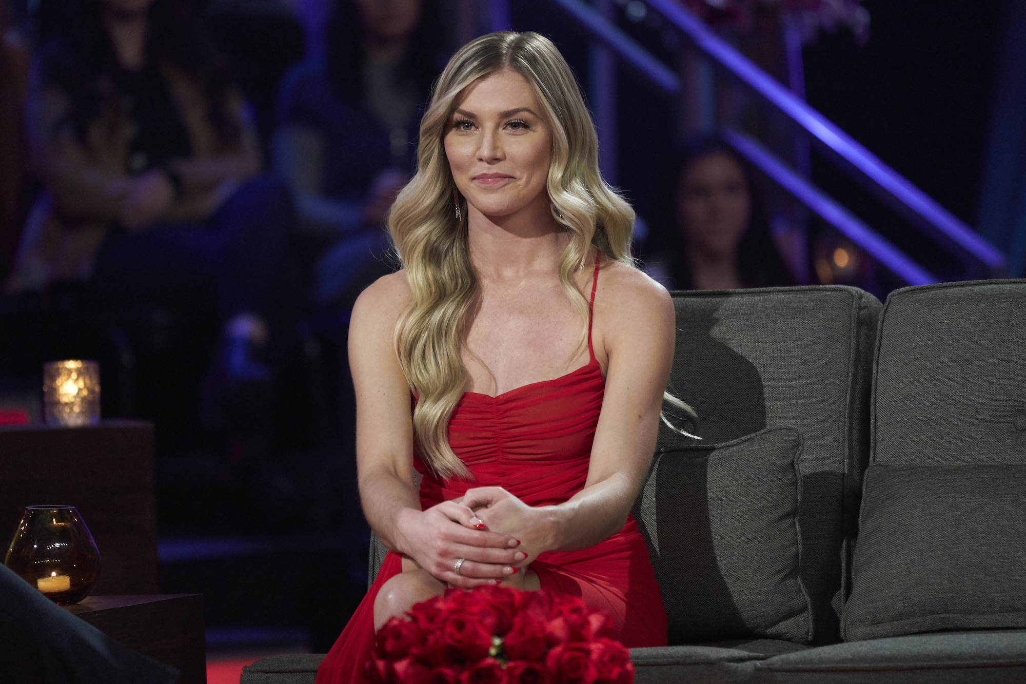 'The Bachelor' star Shanae Ankney wearing a red formal gown at the 'Women Tell All'