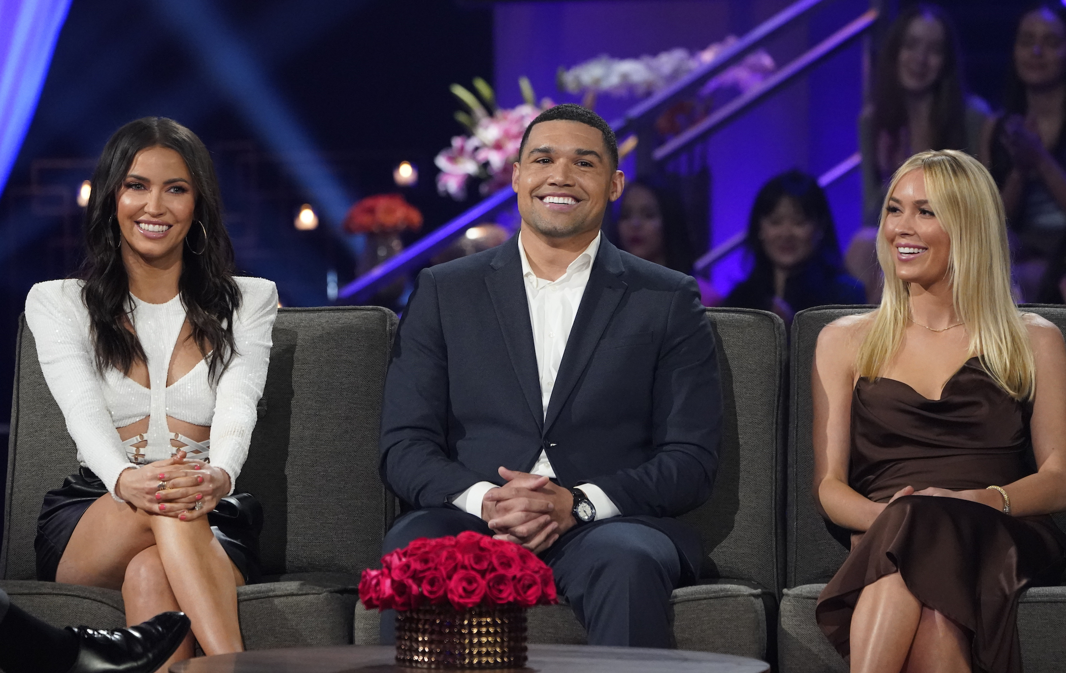 Kaitlyn Bristowe, Rodney Mathews, and Cassie Randolph smiling on 'The Bachelor' final stage
