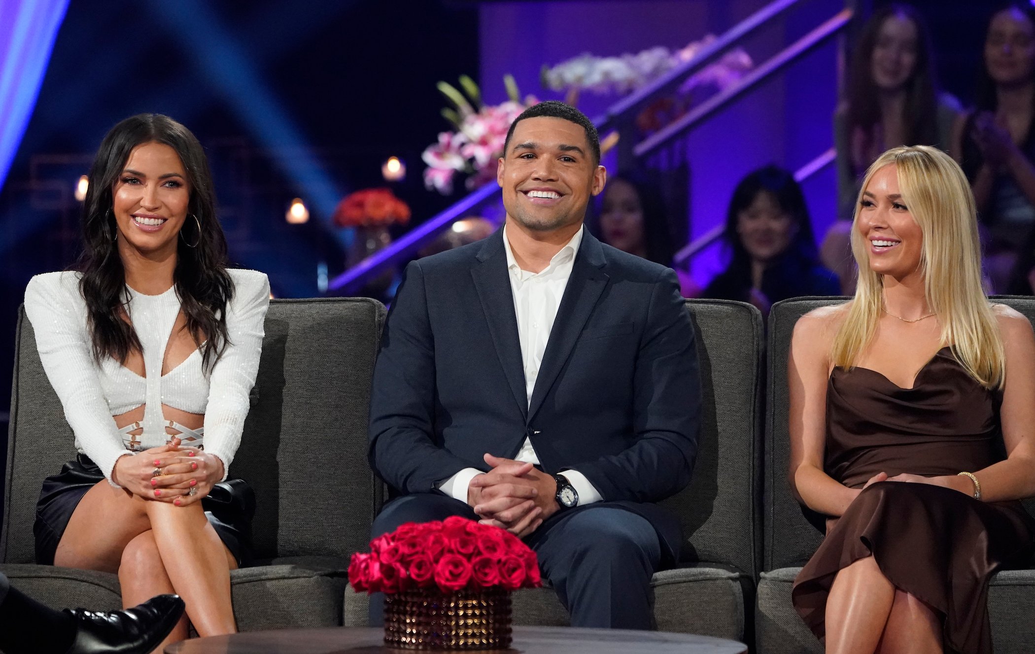 Kaitlyn Bristowe, Rodney Mathews, and Cassie Randolph smiling on 'The Bachelor' final stage