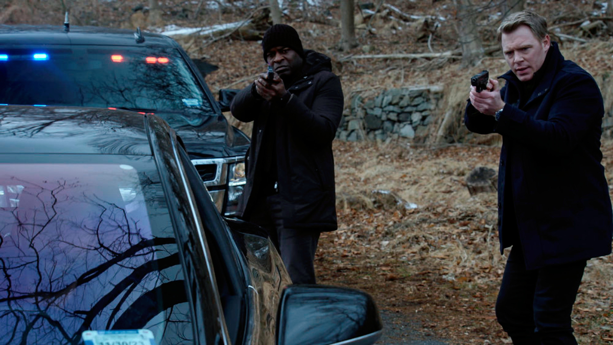 Hisham Tawfiq as Dembe Zuma, Diego Klattenhoff as Donald Ressler in The Blacklist Season 9. Dembe and Ressler stand outside cars pointing their guns at something.