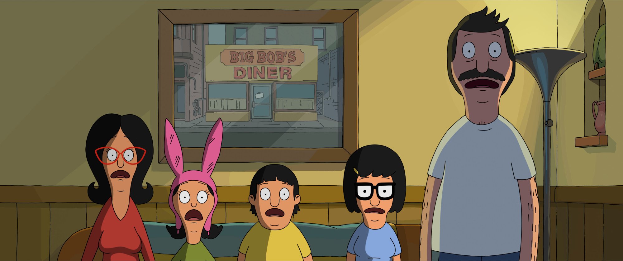 'The Bob's Burgers Movie' Linda Belcher (John Roberts), Louis Belcher (Kristen Schaal), Gene Belcher (Eugene Mirman), Tina Belcher (Dan Mintz), and Bob Belcher (H. Jon Benjamin) looking shocked in front of window with Big Bob's Diner