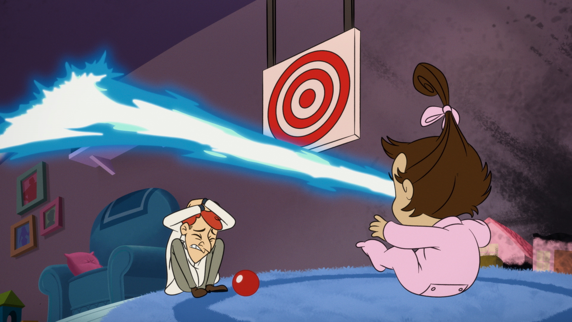 Screenshot of 'The Boys Presents: Diabolical' Episode 1, which shows Laser Baby shooting lasers out of her eyes.