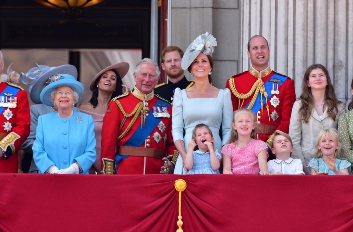 The British Royal Family standing on the balcony of Buckingham Palace during the Trooping the Colour parade