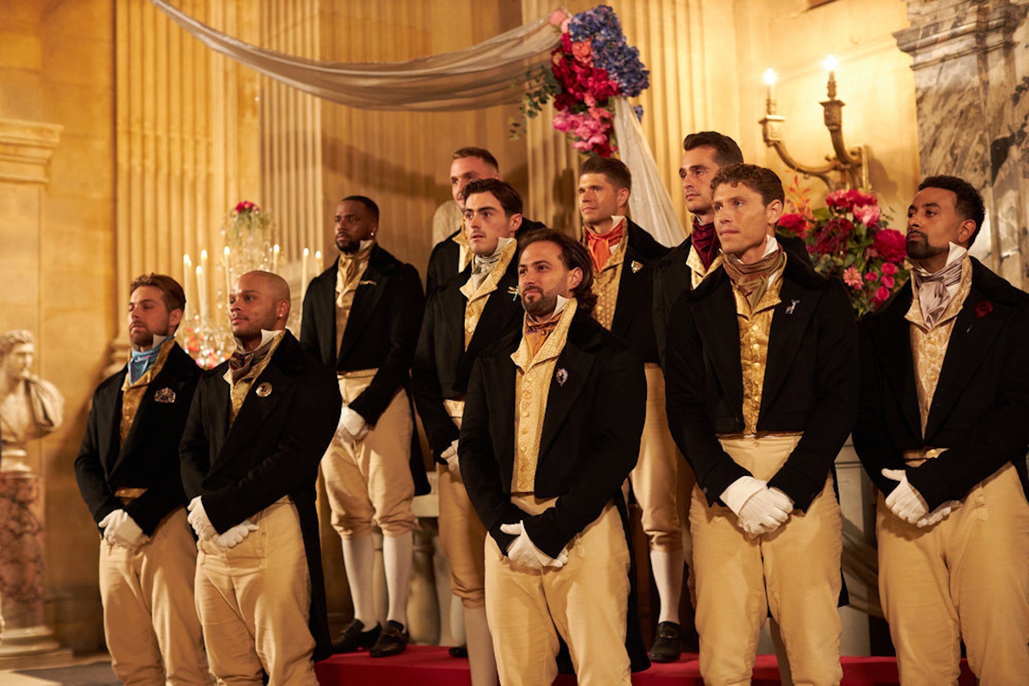 'The Courtship' cast standing together in Regency-era clothing