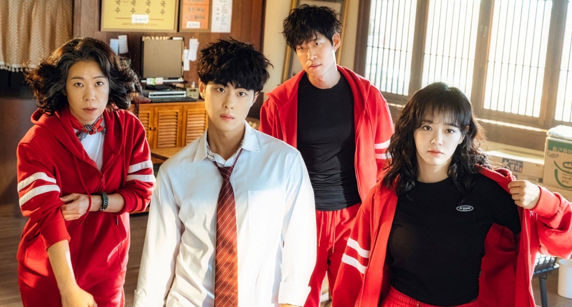 'The Uncanny Counter' K-drama and Season 2 information with main cast wearing red jumpsuits.