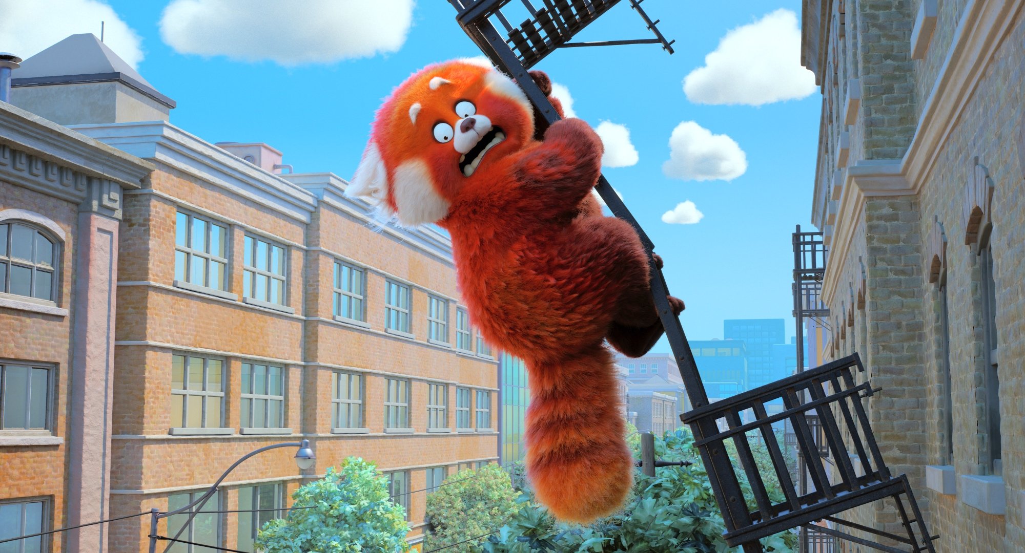 'Turning Red' meaning includes Mei Lee (Rosalie Chiang) turned into a red panda holding onto a fire escape