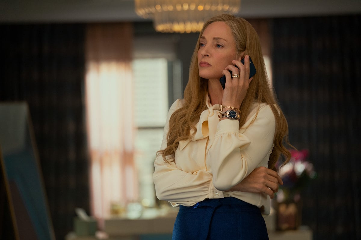 Uma Thurman holds a phone to her hear in 'Suspicion' Season 1 Episode 7 'Questions of Trust'
