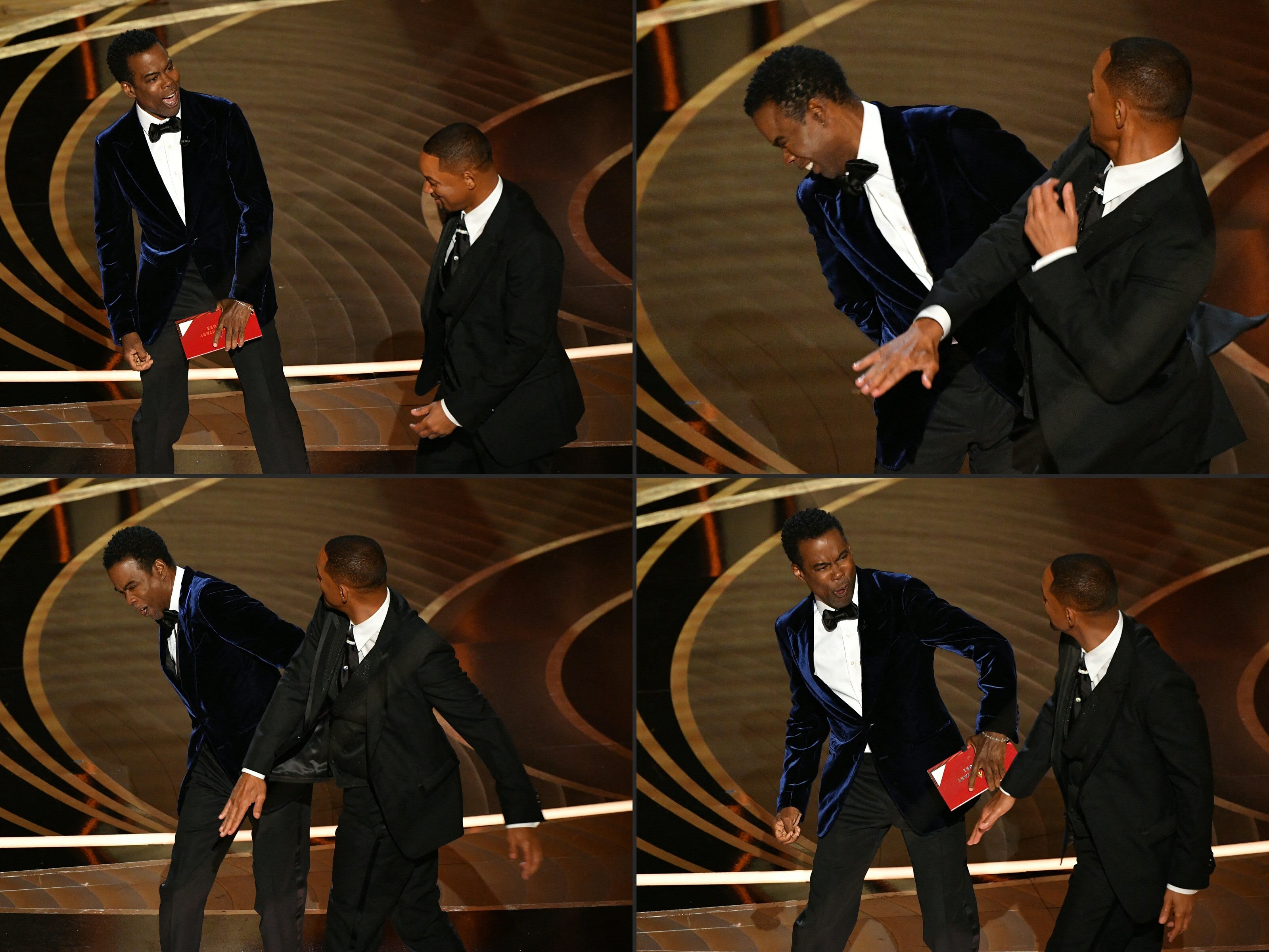 combination of pictures created on March 28, 2022 shows US actor Will Smith approaching US actor Chris Rock onstage at the Academy Awards