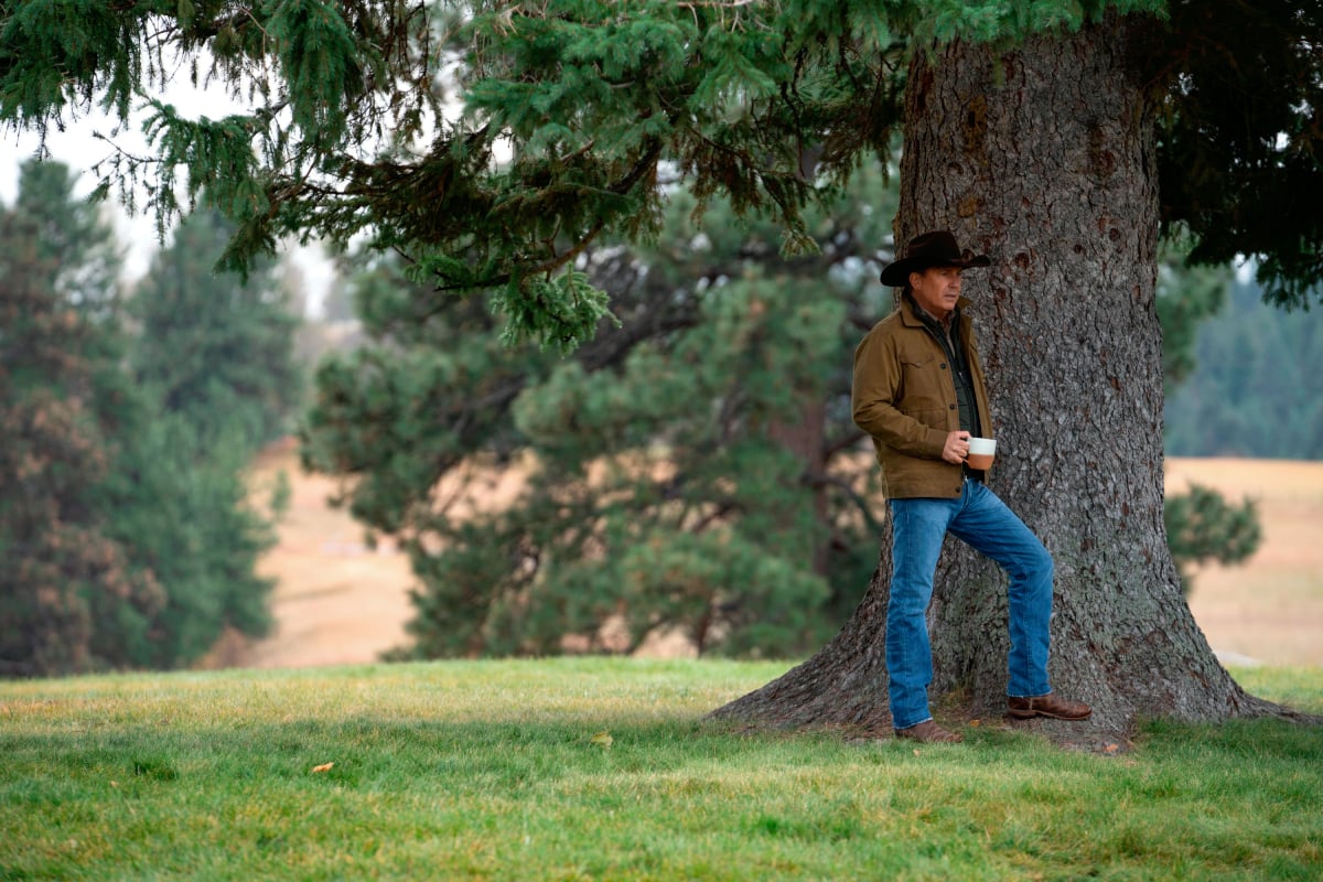 Yellowstone star Kevin Costner poses in front of a tree on the Dutton Ranch which was founded in the prequel 1883