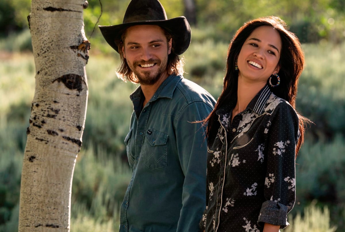 Yellowstone season 5 stars Luke Grimes as Kayce Dutton and Kelsey Asbille as Monica Dutton 