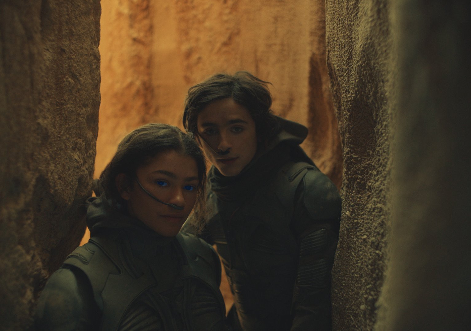 Zendaya and Timothée Chalamet as Chani and Paul Atreides in 'Dune.' They're in what looks like a cavern with walls of sand.