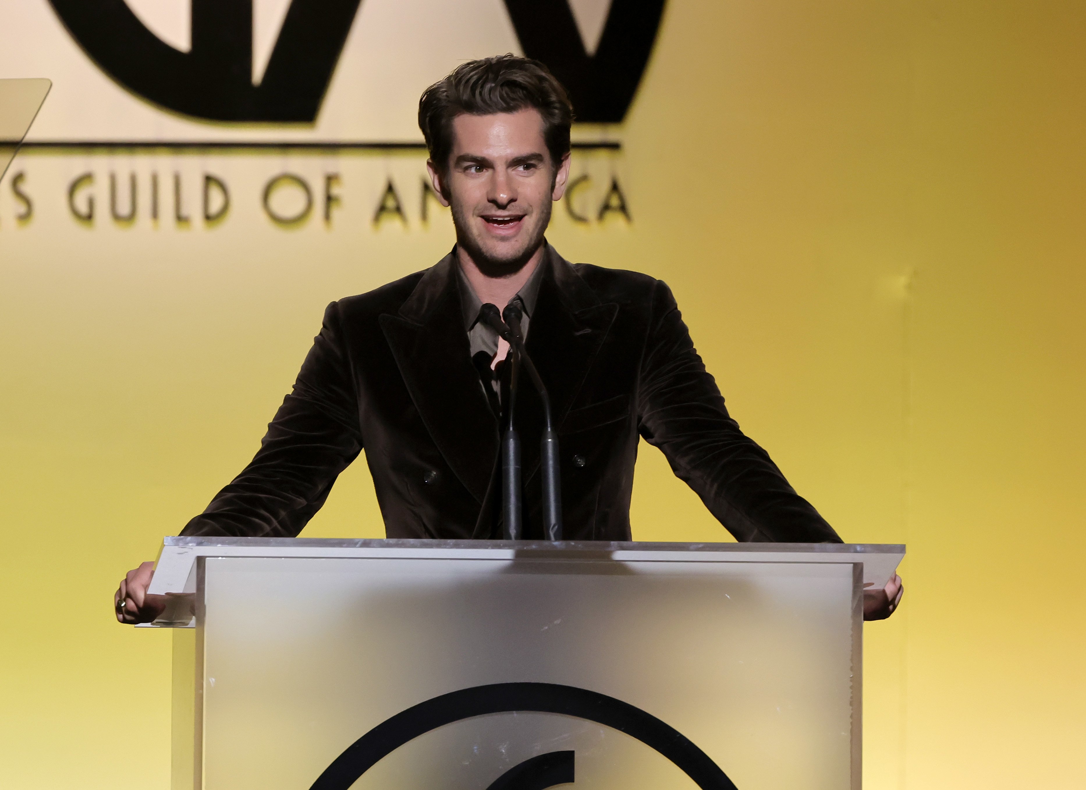 Andrew Garfield speaks at the Producer's Guild of America Awards.