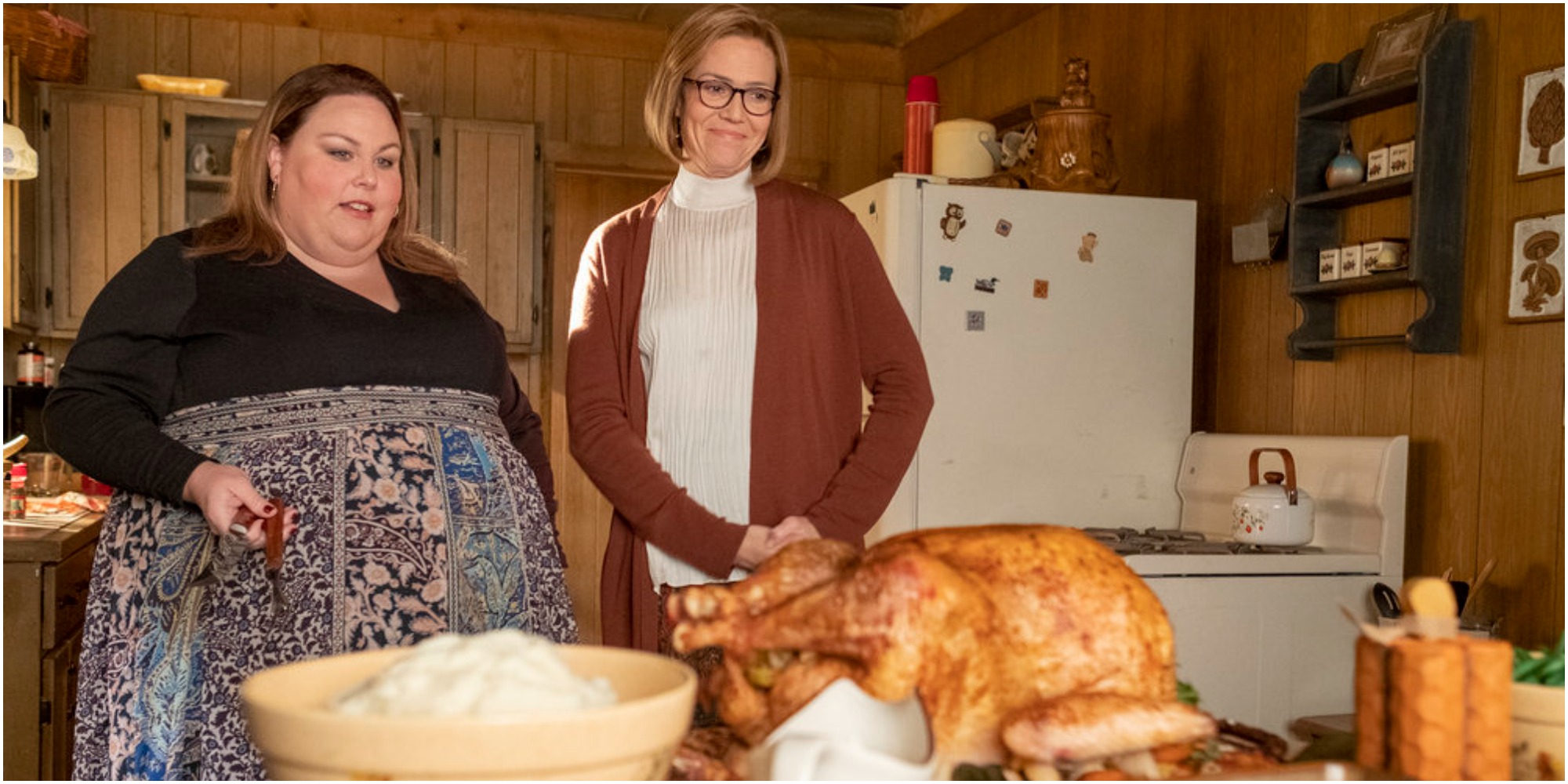 Chrissy Metz and Mandy Moore on the set of This Is Us.