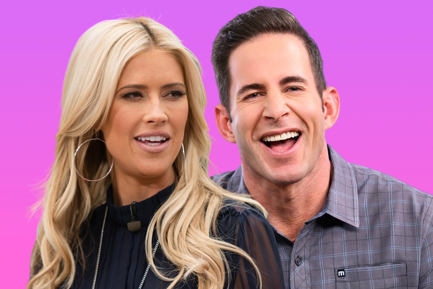 Christina Haack wearing hoop earrings and a sheer top and Tarek El Moussa smiling wearing a button up shirt in gray