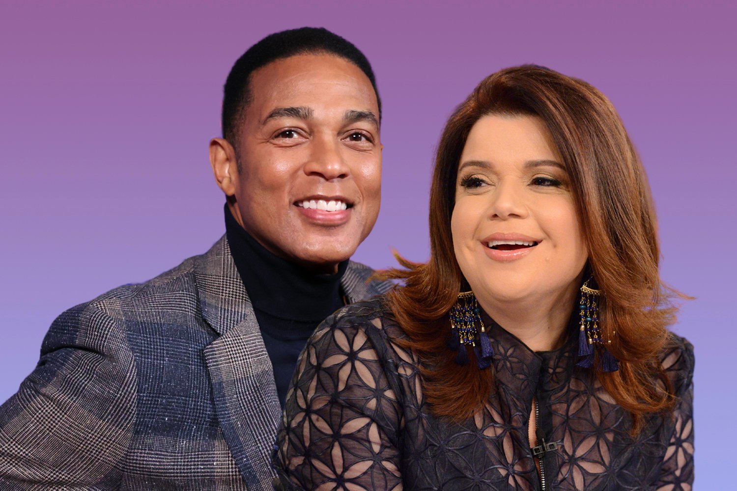 Don Lemon wearing a blazer with alternating blue and gray squares and a black turtle neck while Ana Navarro is smiling and wearing a blue top with flower cutouts