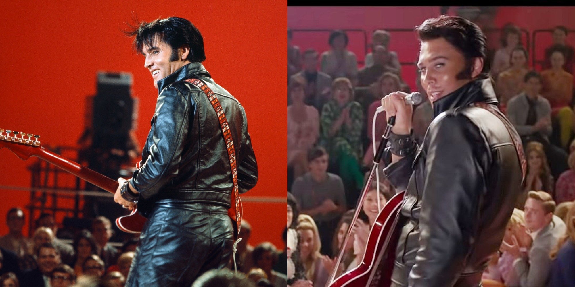 Elvis Presley and Austin Butler in side by side photographs.