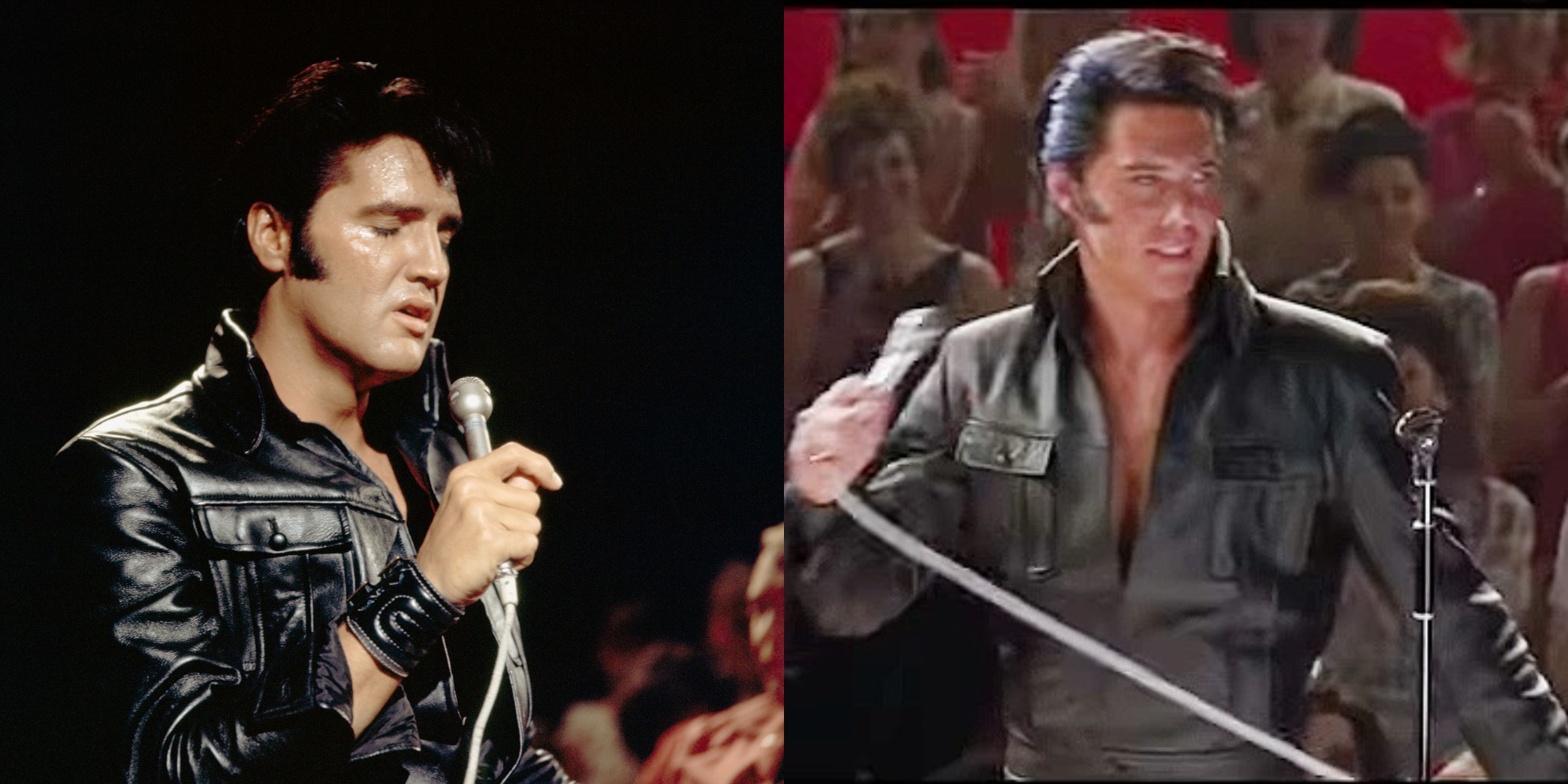 Austin Butler and Elvis Presley in a side by side set of photographs.