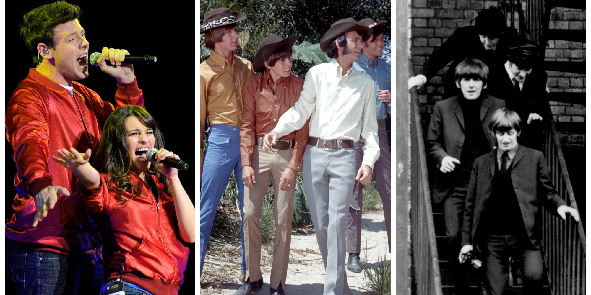 The cast of Glee, the Monkees and the Beatles in a photo montage.