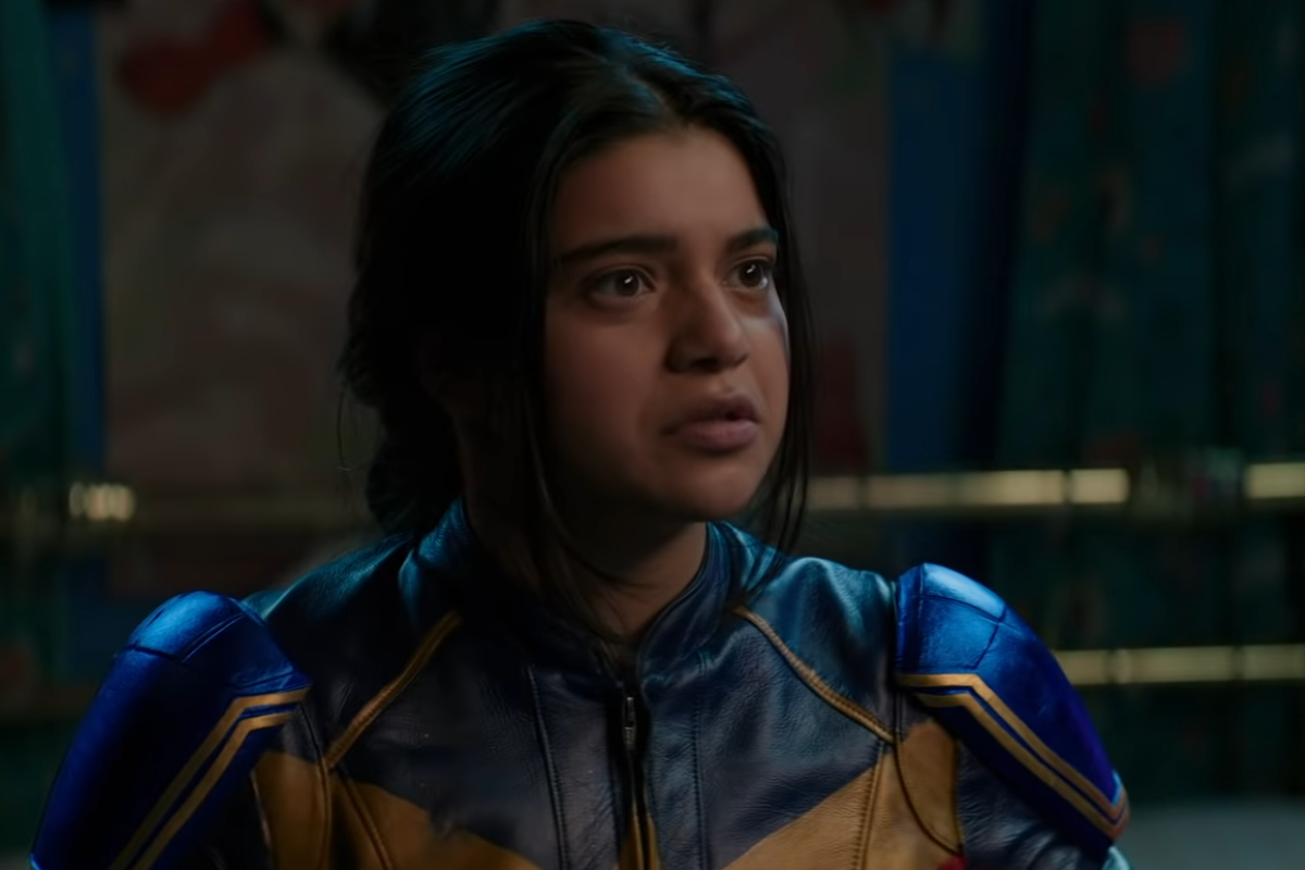 Iman Vellani, as seen in the new trailer for 'Ms. Marvel,' wears a red, blue, and yellow leather jacket.