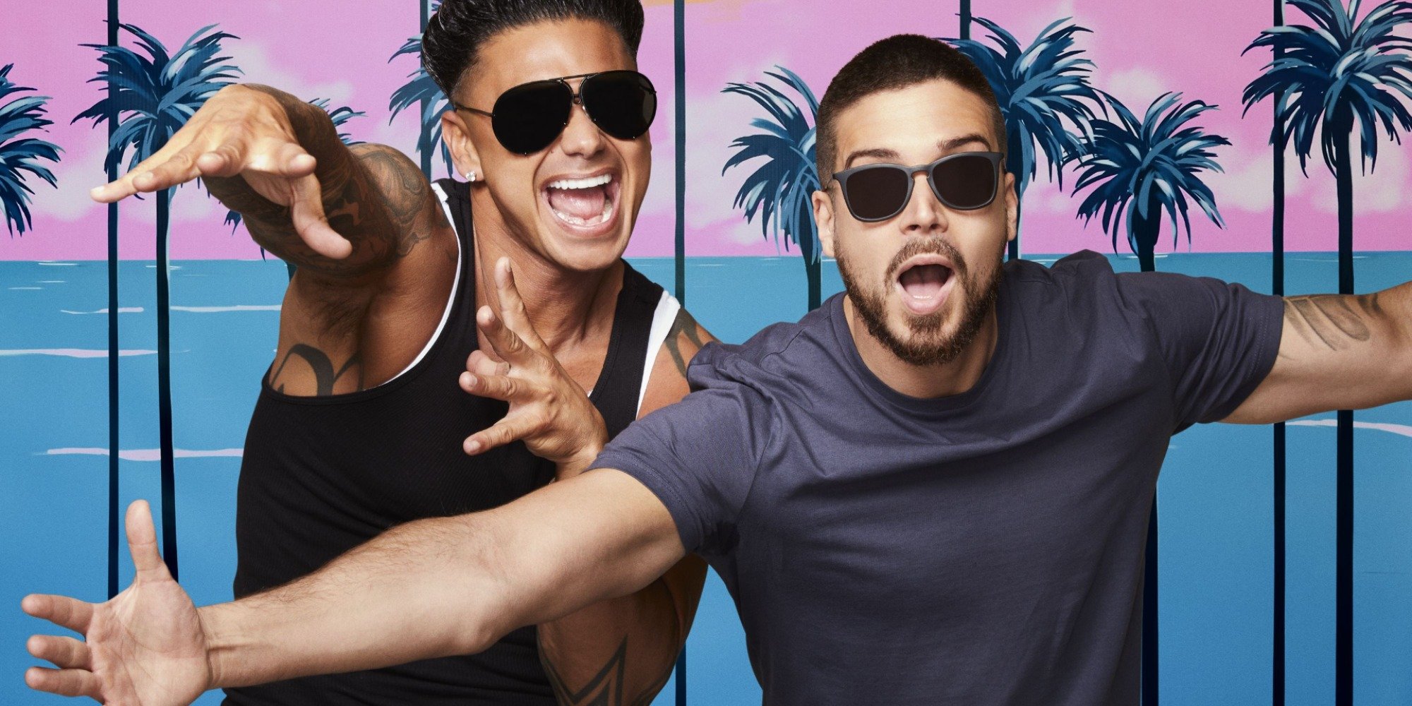 Paul "Pauly D" DelVecchio and Vinny Guadagnino in a publicity still for Jersey Shore: Family Vacation