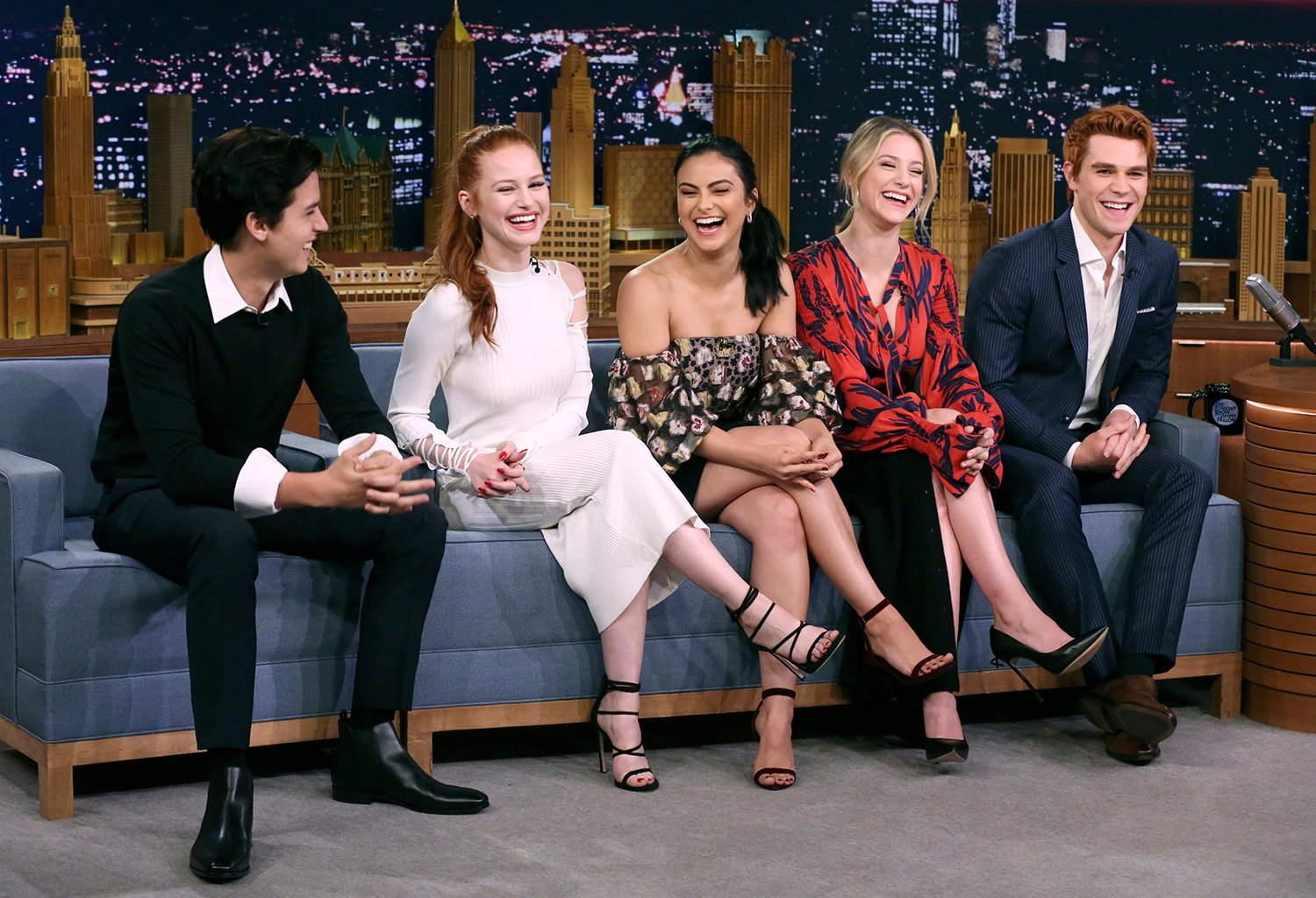 Riverdale cast members Cole Sprouse, Madelaine Petsch, Camila Mendes, Lili Reinhart, and KJ Apa on The Tonight Show Starring Jimmy Fallon.