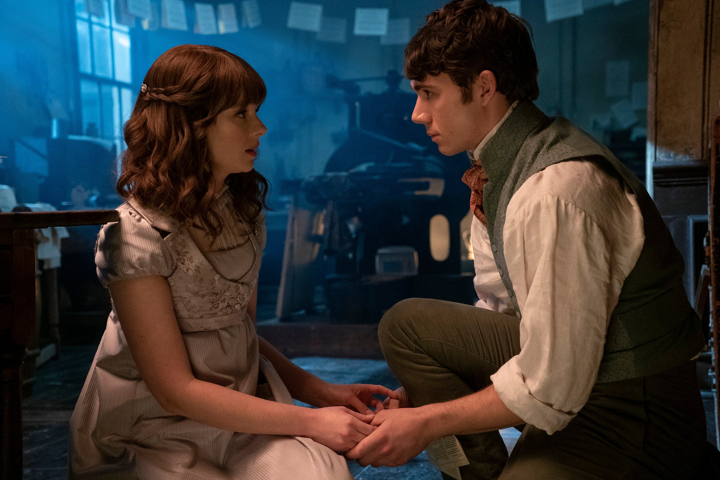 'Bridgerton' Season 2 Claudia Jessie as Eloise and Calam Lynch as Theo holding hands
