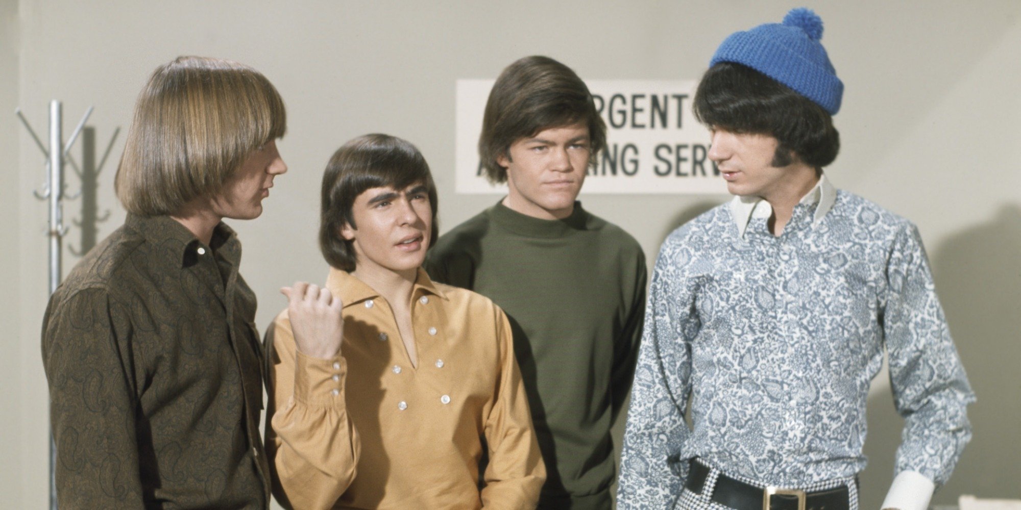 Mike Nesmith on the set of The Monkees with Micky Dolenz, Peter Tork, and Davy Jones.