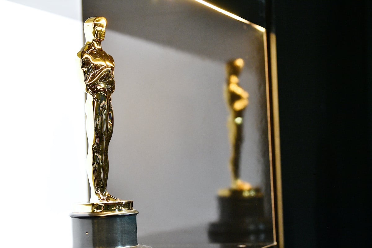 Two Oscar statuettes are on display