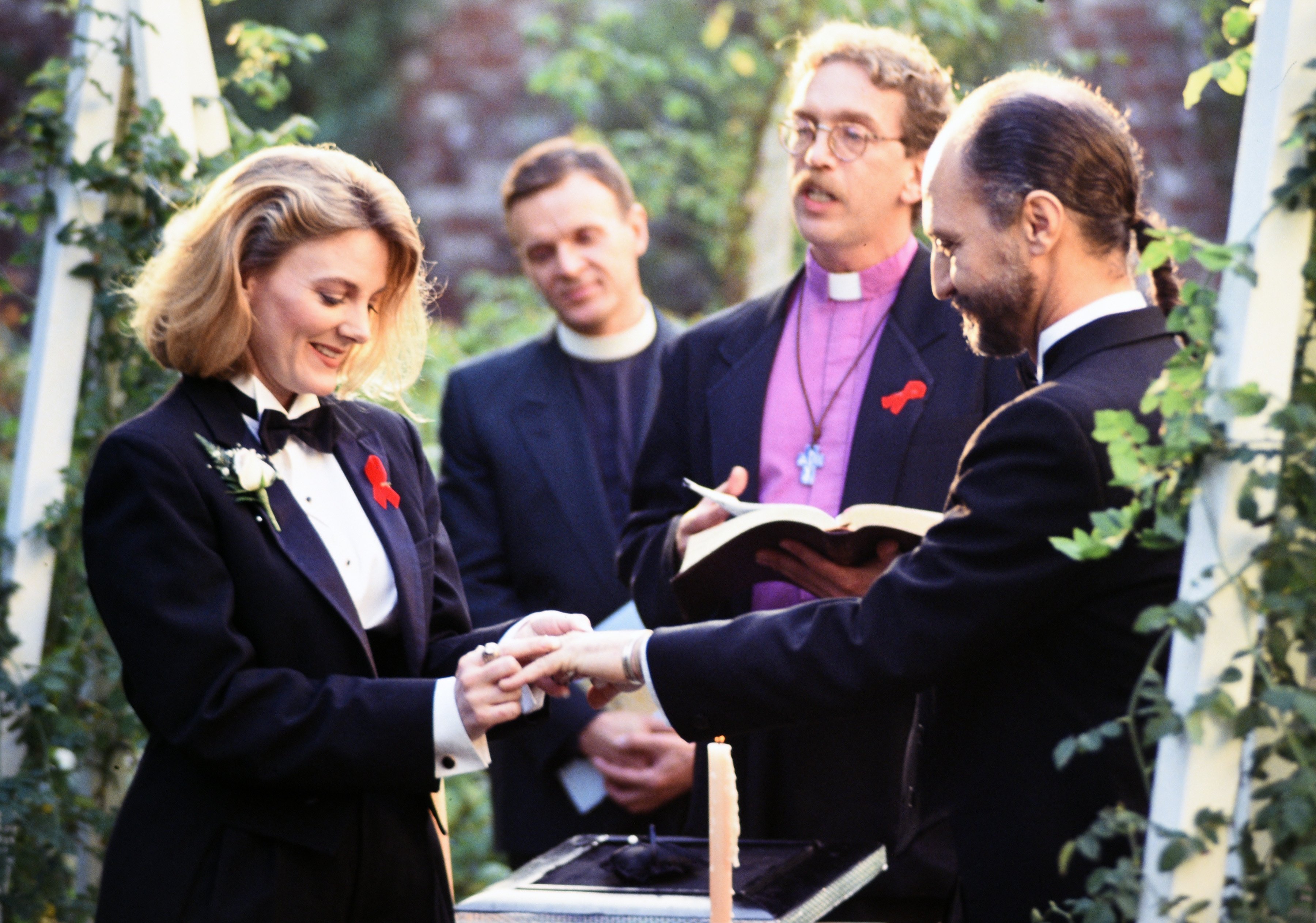 Alison Arngrim wears a tuxedo at her wedding.