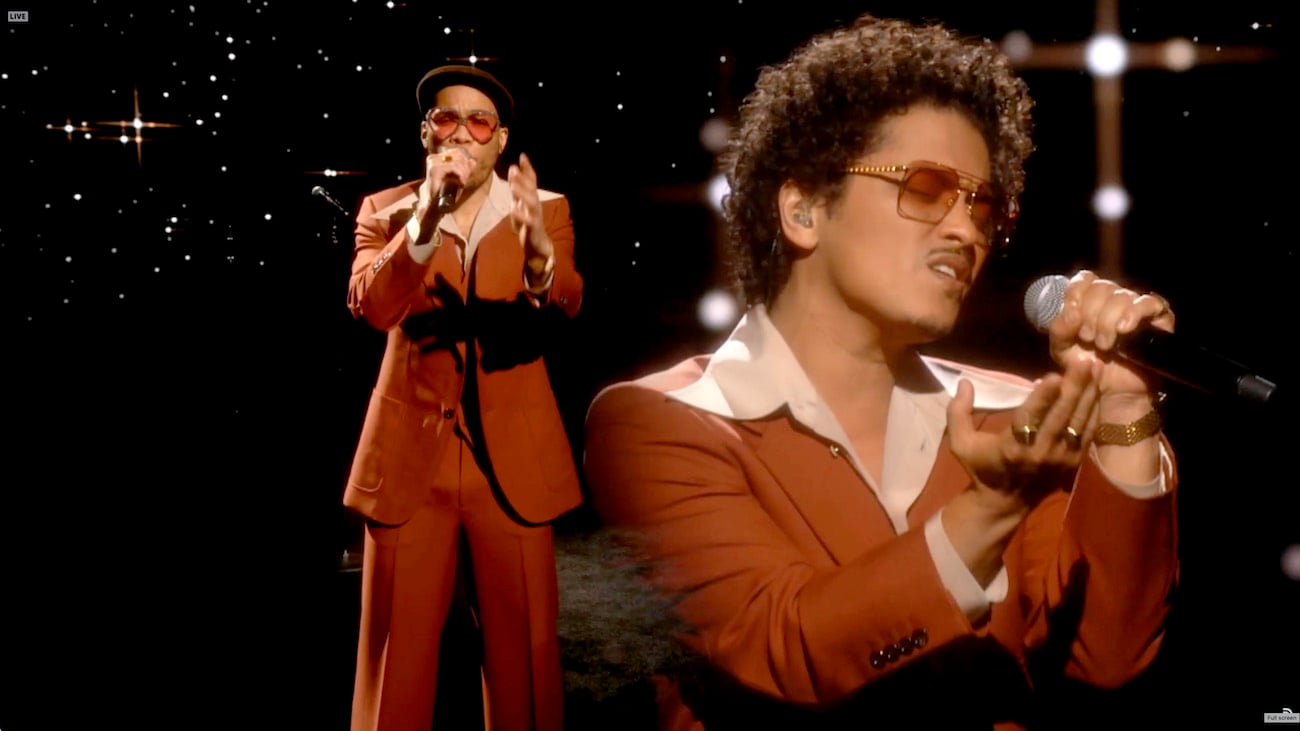 Silk Sonic's Anderson .Paak and Bruno Mars performing at the 2021 Grammy Awards.