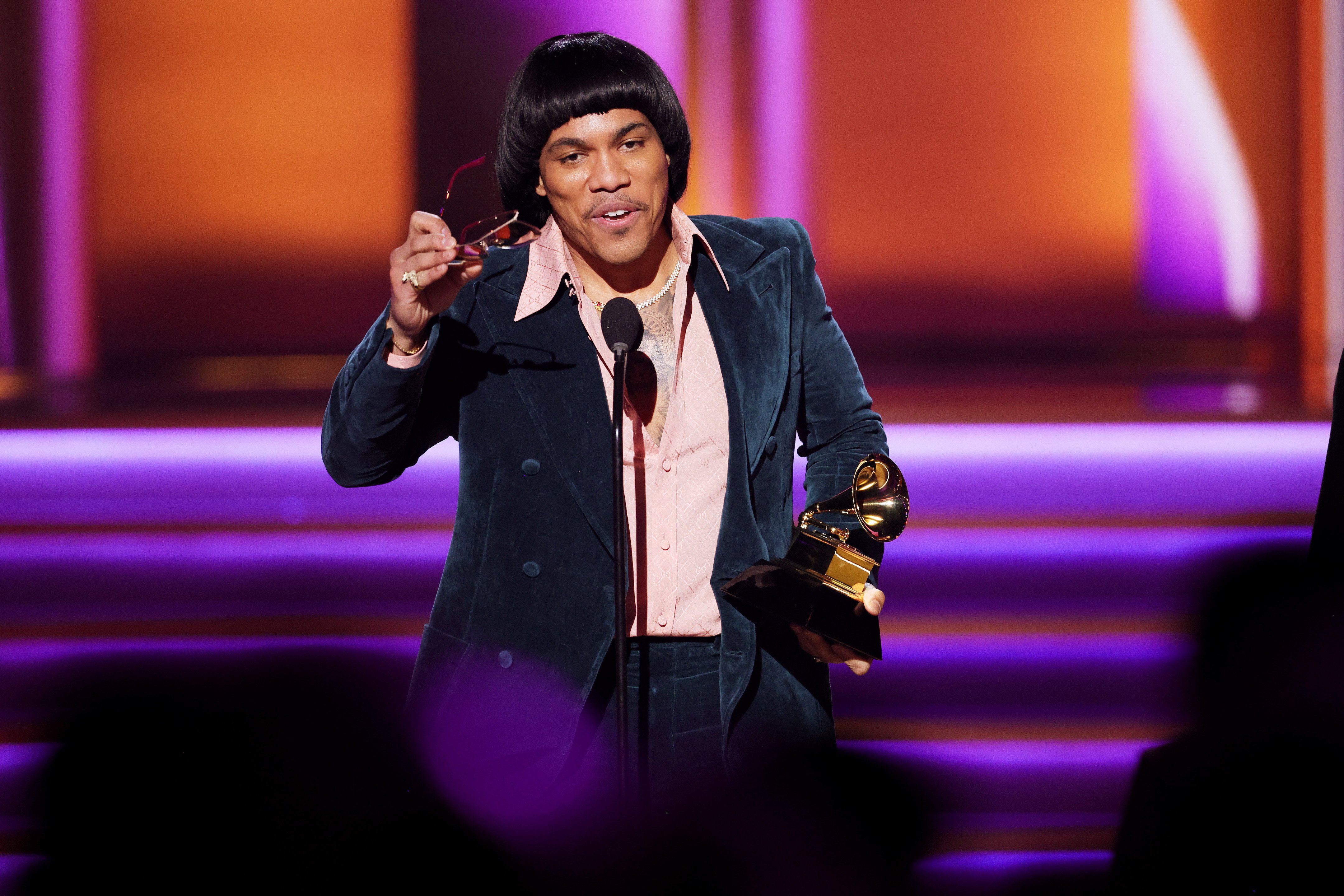 Anderson .Paak of Silk Sonic accepts the Record Of The Year award for ‘Leave The Door Open’ onstage during the 64th Annual GRAMMY Awards