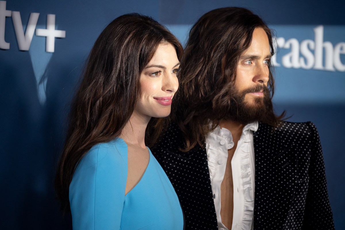 Apple TV+'s 'WeCrashed' stars Anne Hathaway and Jared Leto pose on the red carpet during the premiere