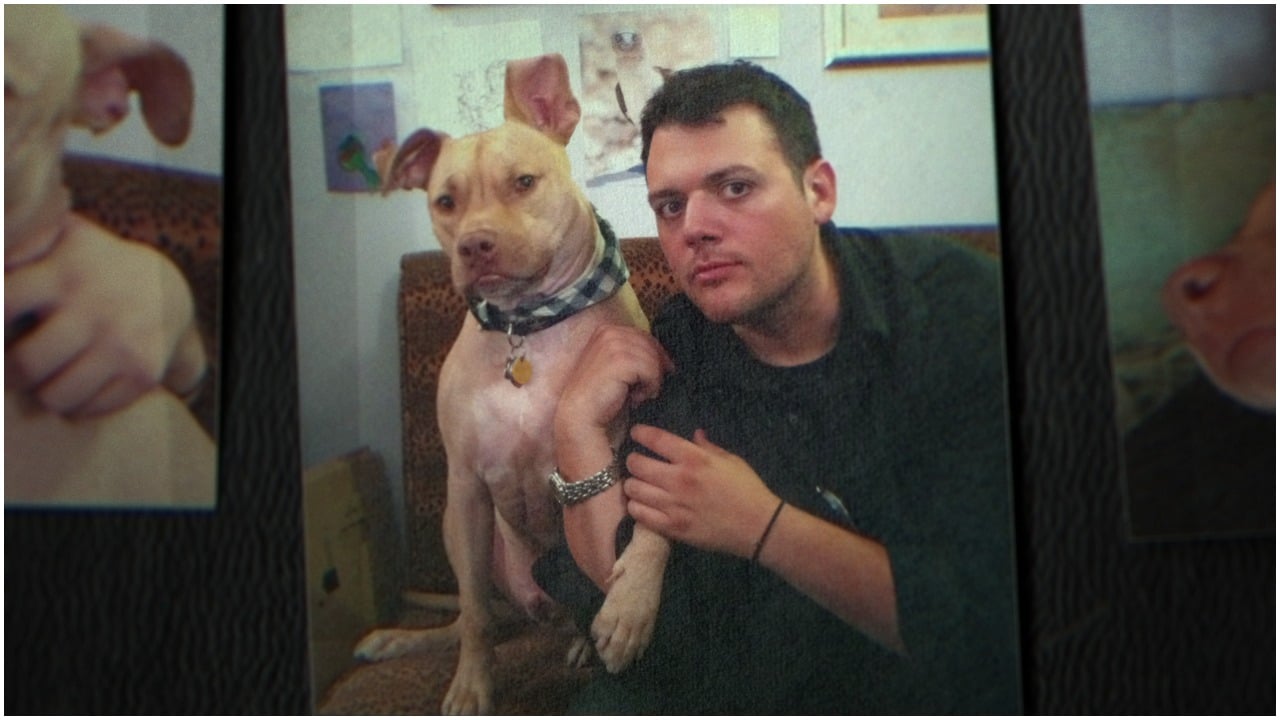 Anthony Strangis/Shane Fox posing with Sarma Melngailis's dog, Leon