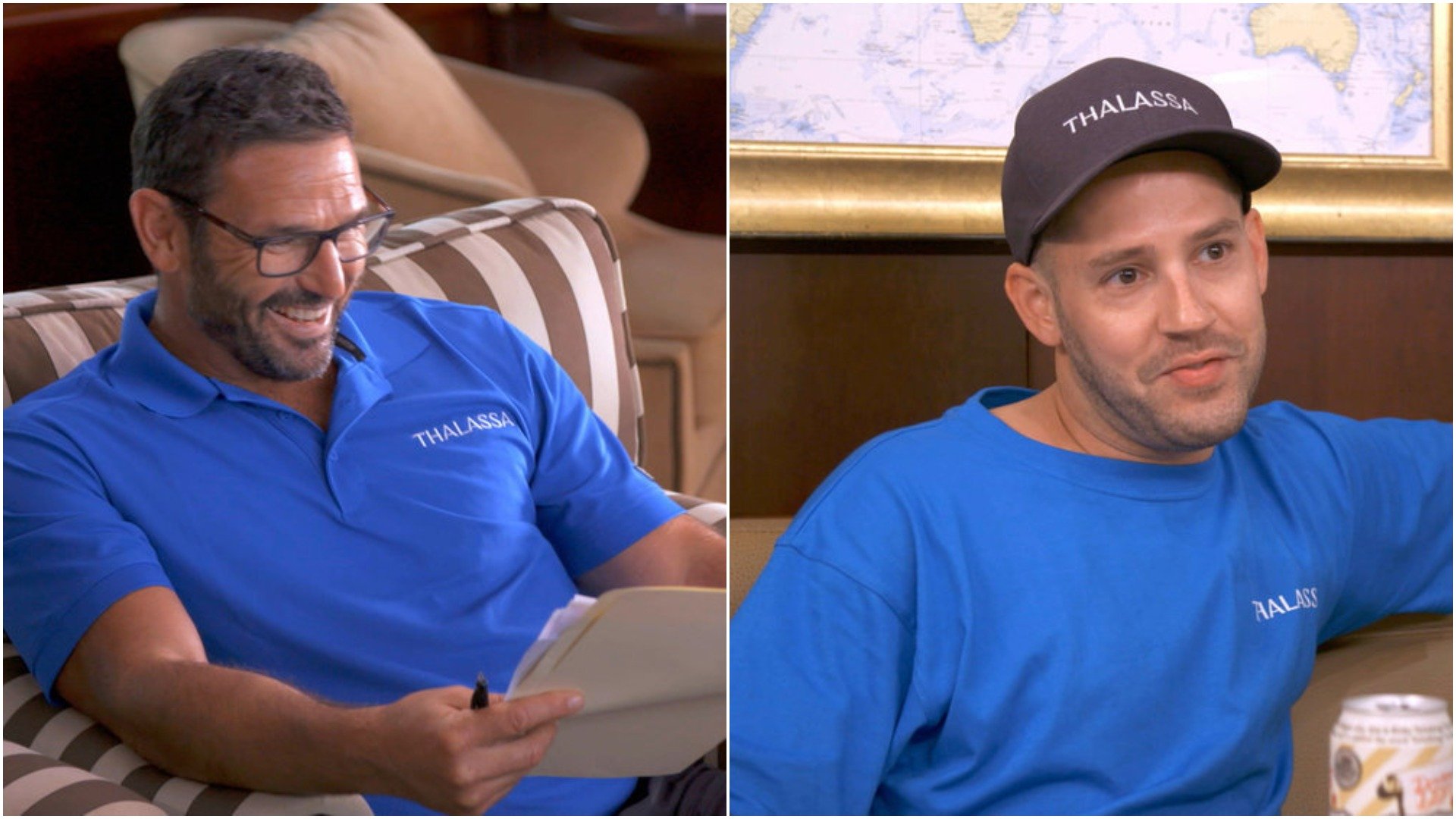 Captain Jason Chambers smiles and laughs during a meeting on Below Deck Down Under. Ryan McKeown grins during a meet with the crew. 