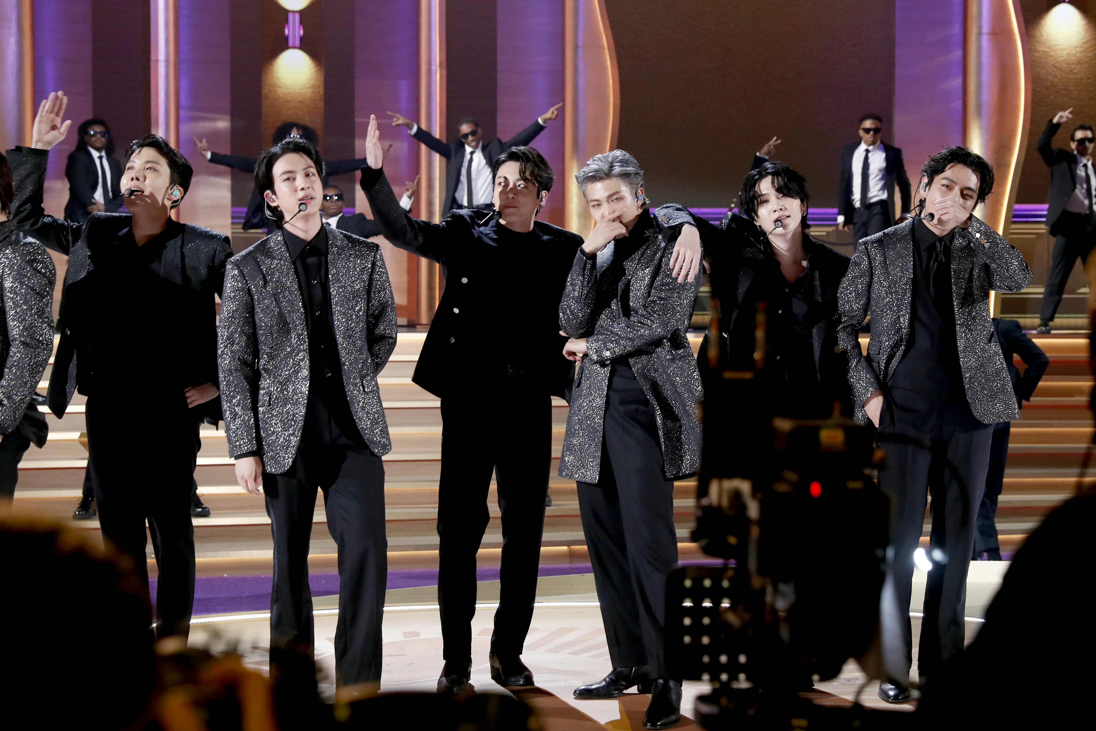J-Hope, Jin, Jungkook, RM, Suga and V of BTS perform during the 64th Annual GRAMMY Awards at MGM Grand Garden Arena