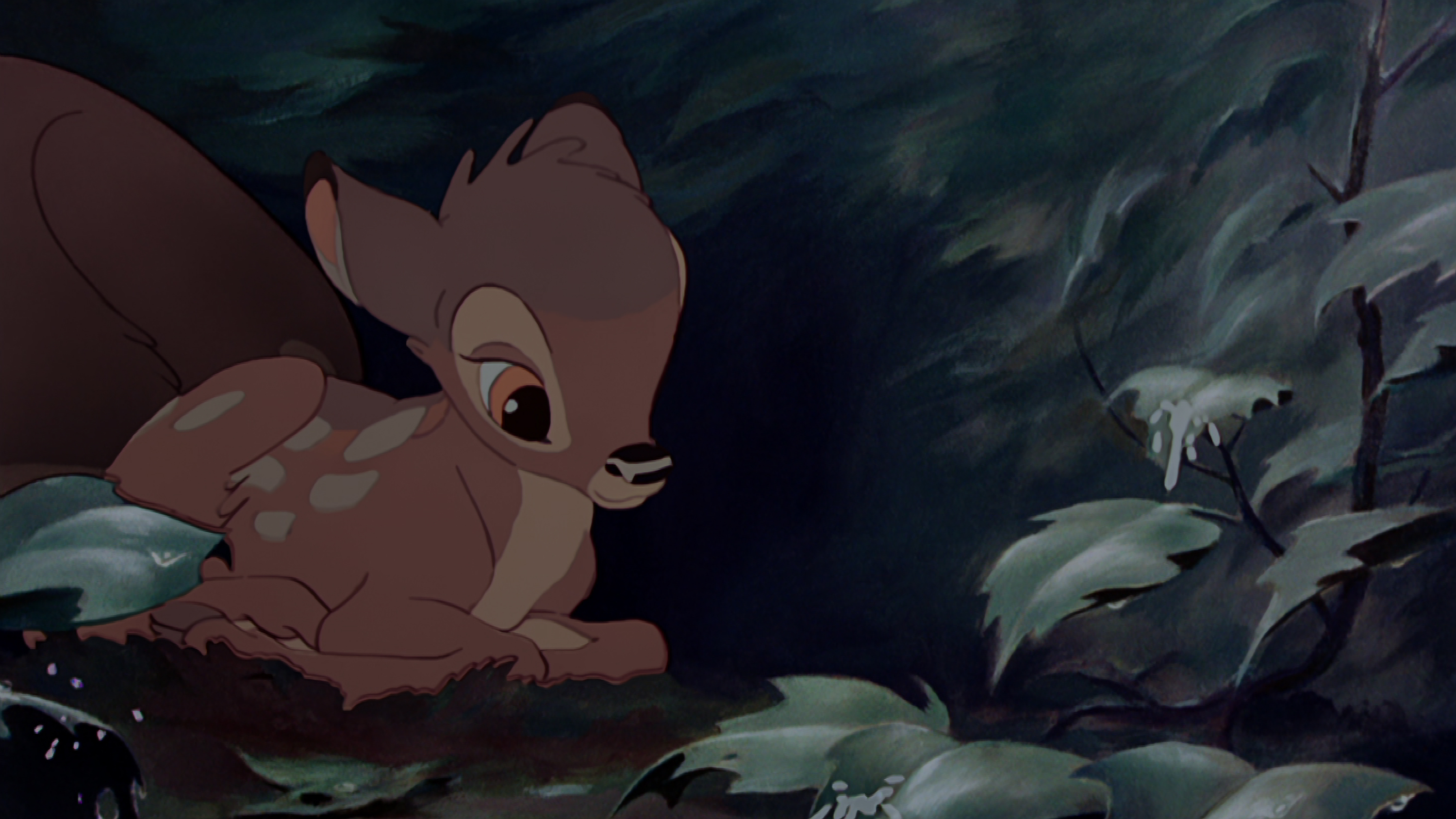 Young Bambi, voiced by Donnie Dunagan, watches the rain fall in the "Little April Showers" scene from Disney's Bambi
