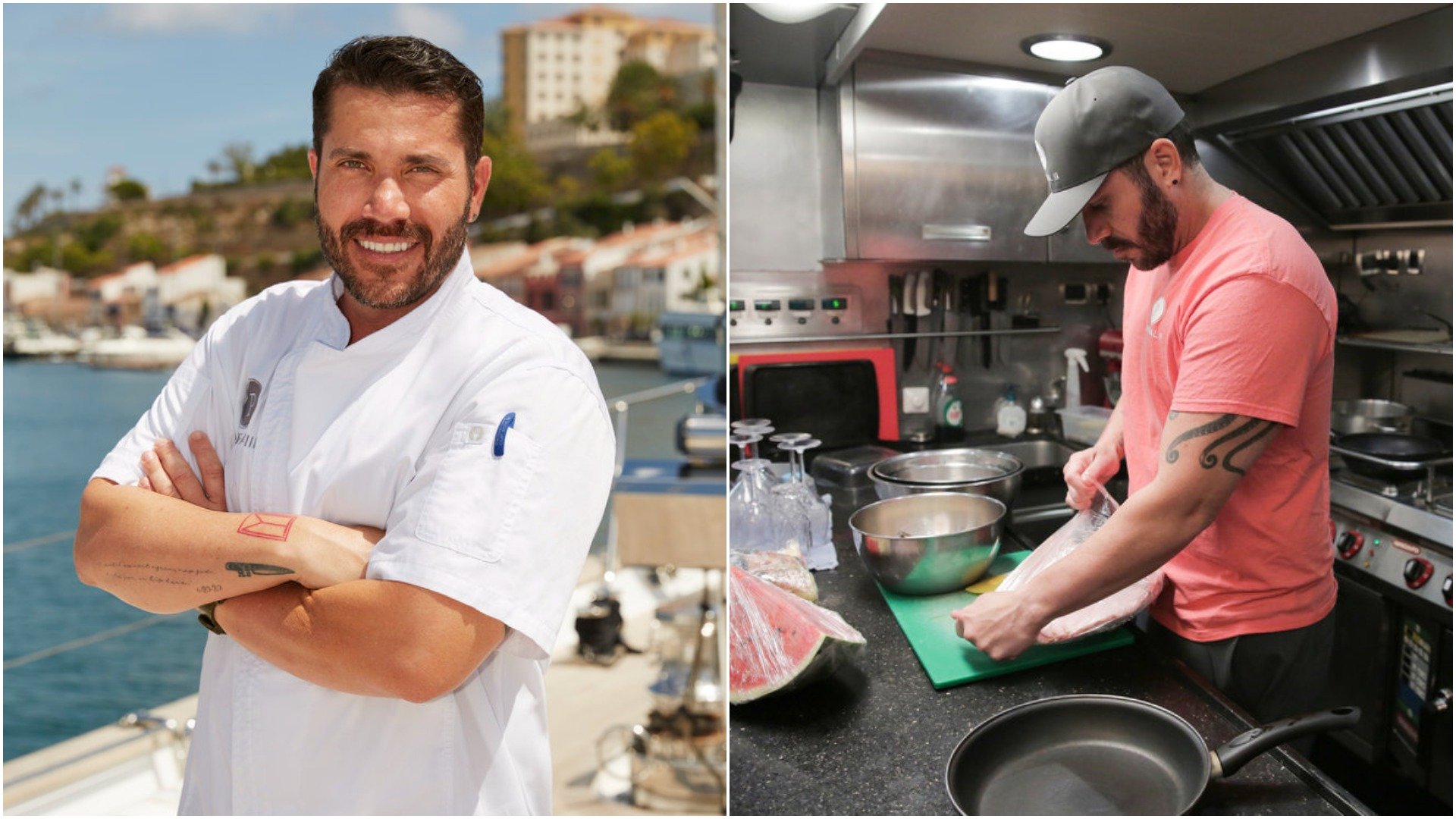 Chef Marcos Spaziani from 'Below Deck Sailing Yacht' cast photo and in the galley kitchen preparing food