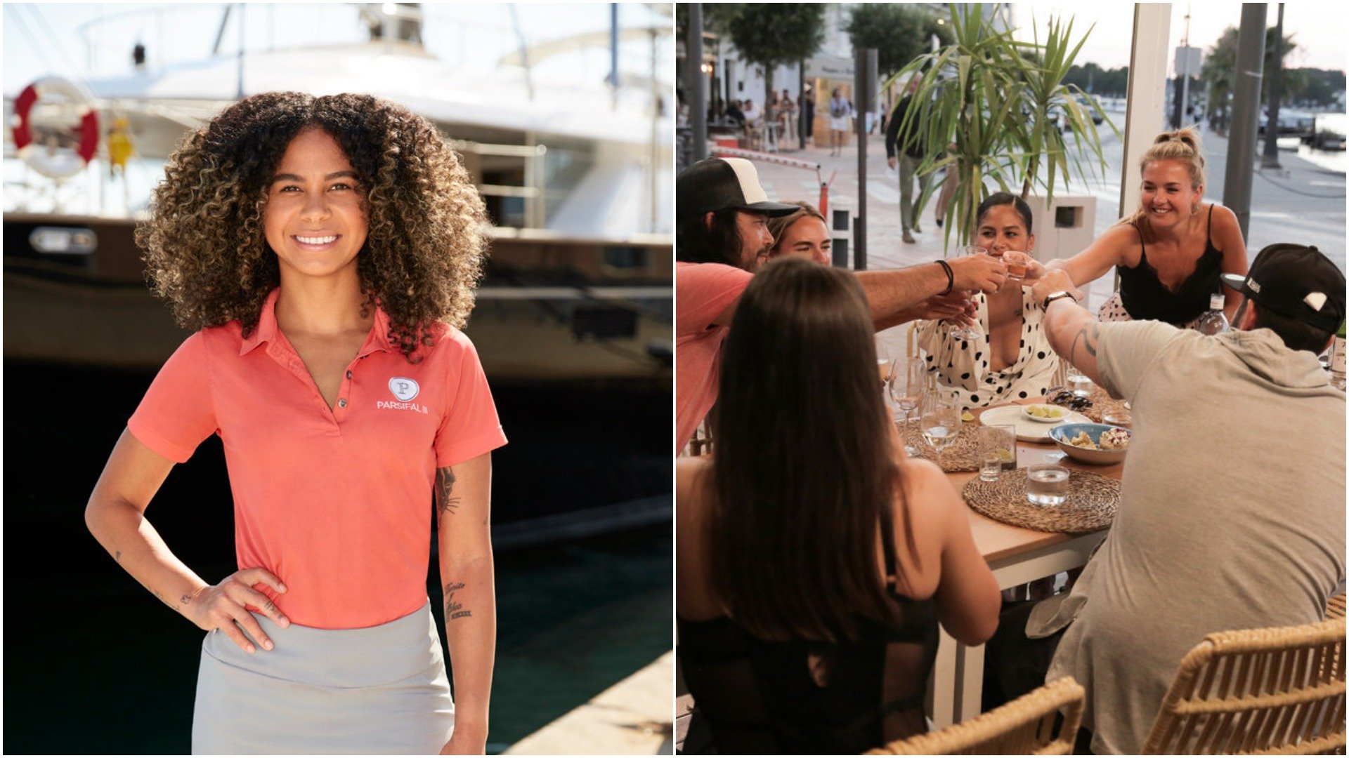 Gabriela Barragan Below Deck Sailing Yacht Season 3 photo. The crew goes out to dinner and toasts. 