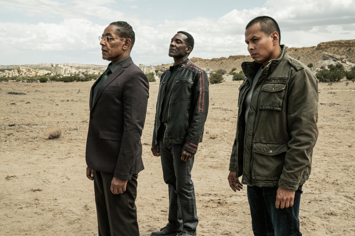 Giancarlo Esposito as Gus Fring, Ray Campbell as Tyrus, Jeremiah Bitsui as Victor in Better Call Saul Season 6. The three men wait in the desert. 