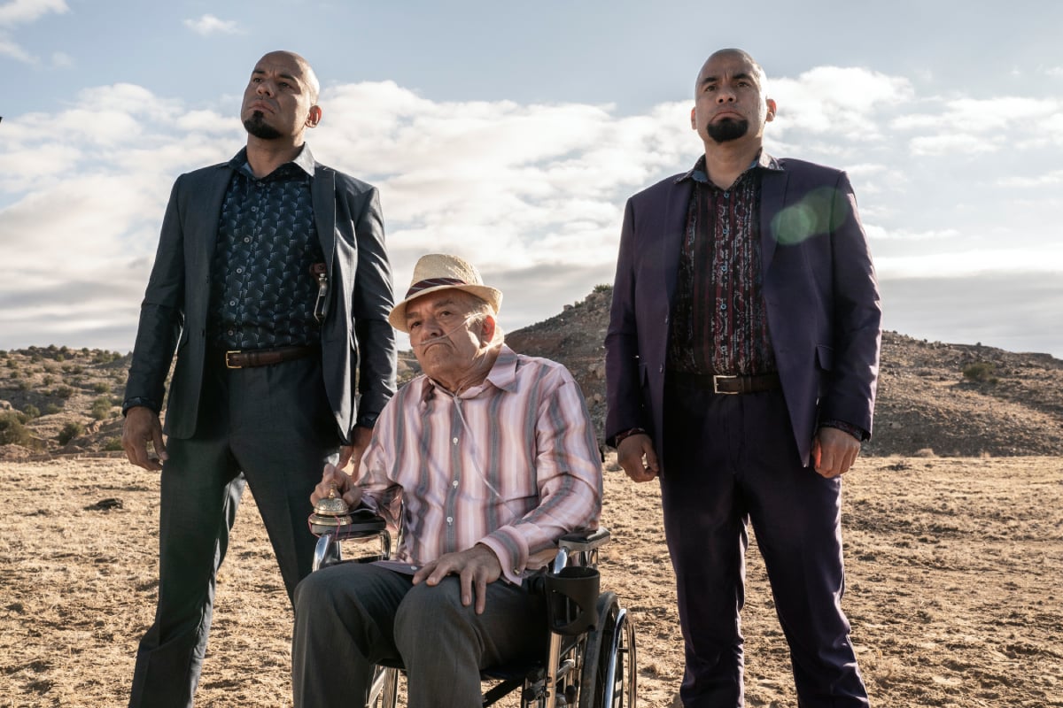 Luis Moncada as Marco Salamanca, Daniel Moncada as Leonel Salamanca and Mark Margolis as Hector Salamanca in Better Call Saul Season 6.