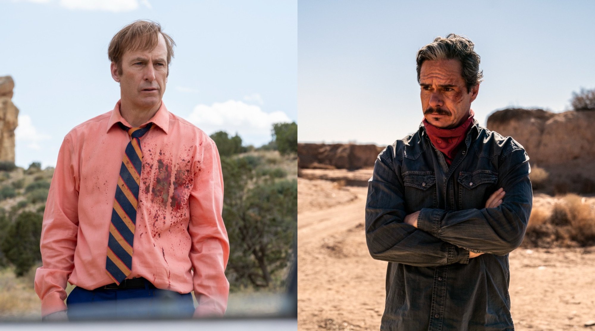 Bob Odenkirk as Jimmy McGill and Tony Dalton as Lalo Salamanca in 'Better Call Saul' Season 5. The picture of jimmy (left) sees his wearing a bloody pink shirt. The photo on the right (of Lalo) shows him standing in the desert with his arms crossed and his face bruised.