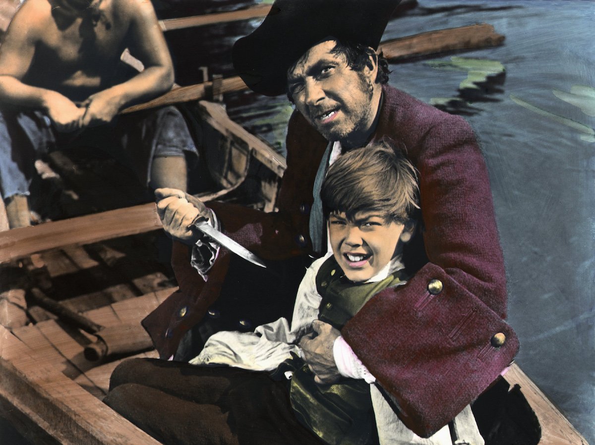 Robert Newton and Bobby Driscoll filming Treasure Island