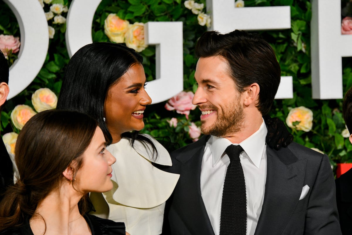 Florence Hunt, Simone Ashley, and Jonathan Bailey smile during the world premiere of "Bridgerton" Series 2