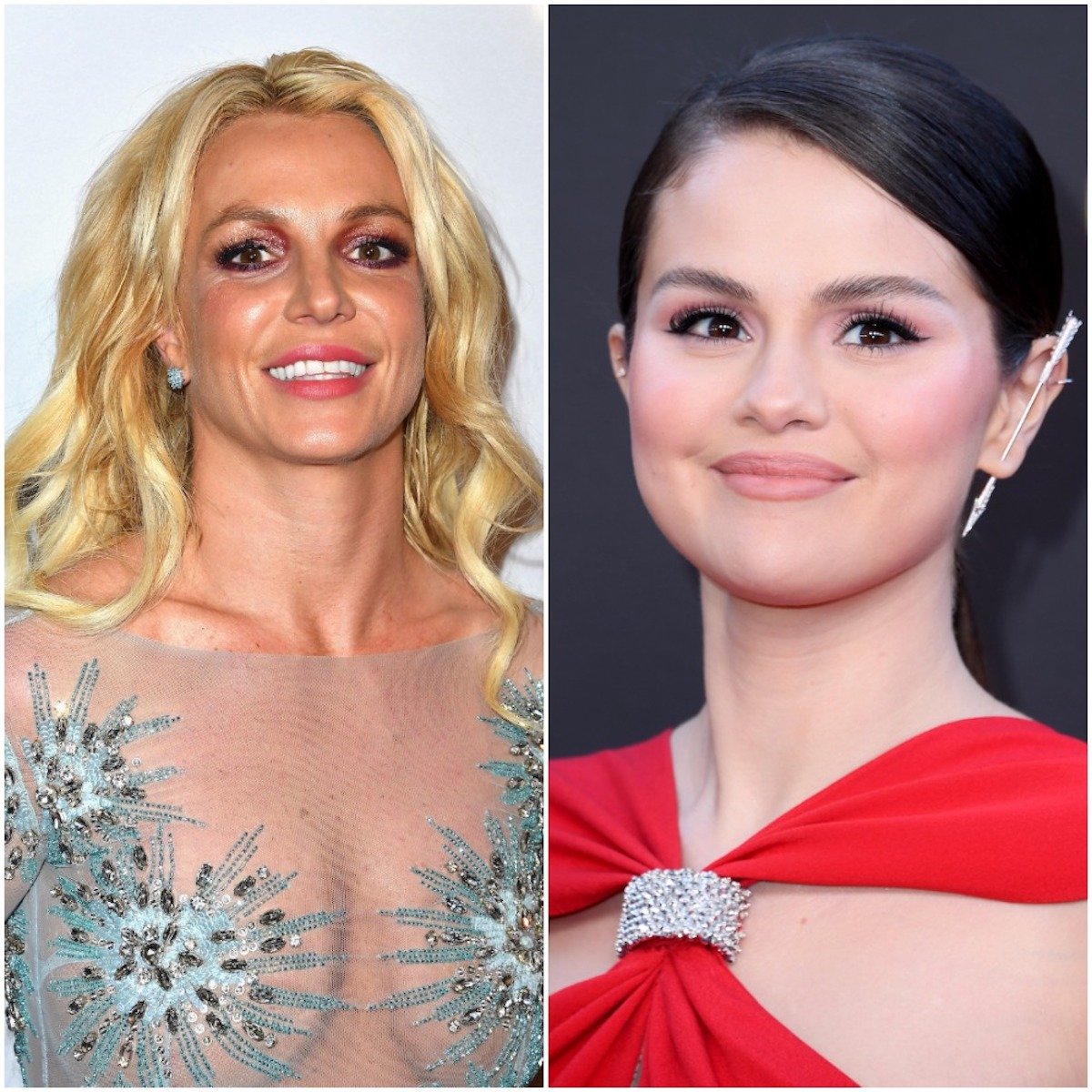 Side by side photos of Britney Spears and Selena Gomez smiling.
