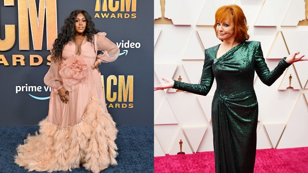 (L) Brittney Spencer poses in a pink dress (R) Reba McEntire poses in a green dress