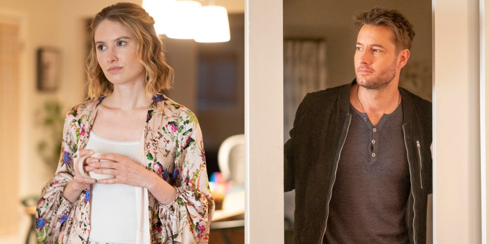 Caitlin Thompson and Justin Hartley in side-by-side images on the set of "This Is Us."