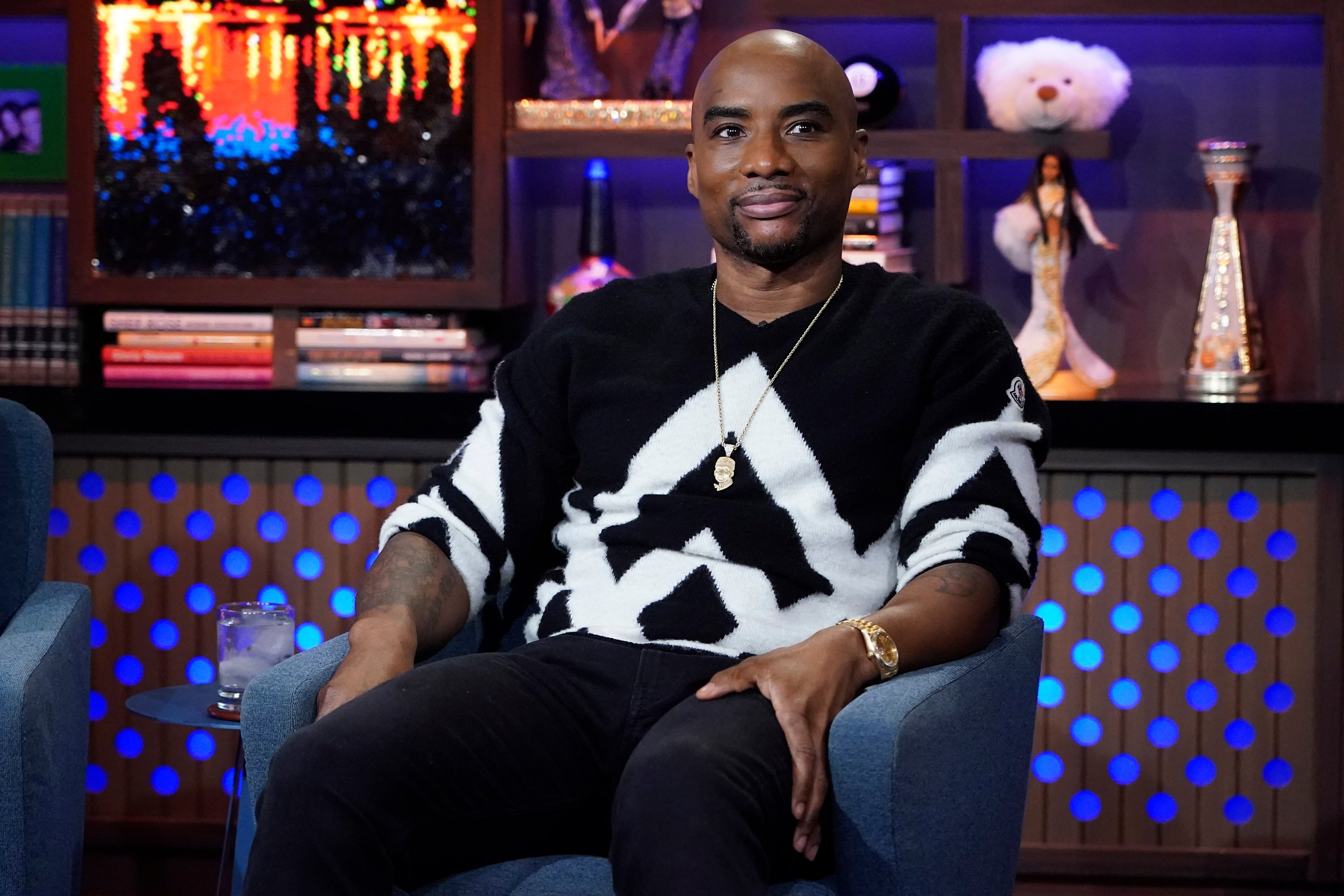 Charlamagne Tha God sitting in the set of 'Watch What Happens Live With Andy Cohen'