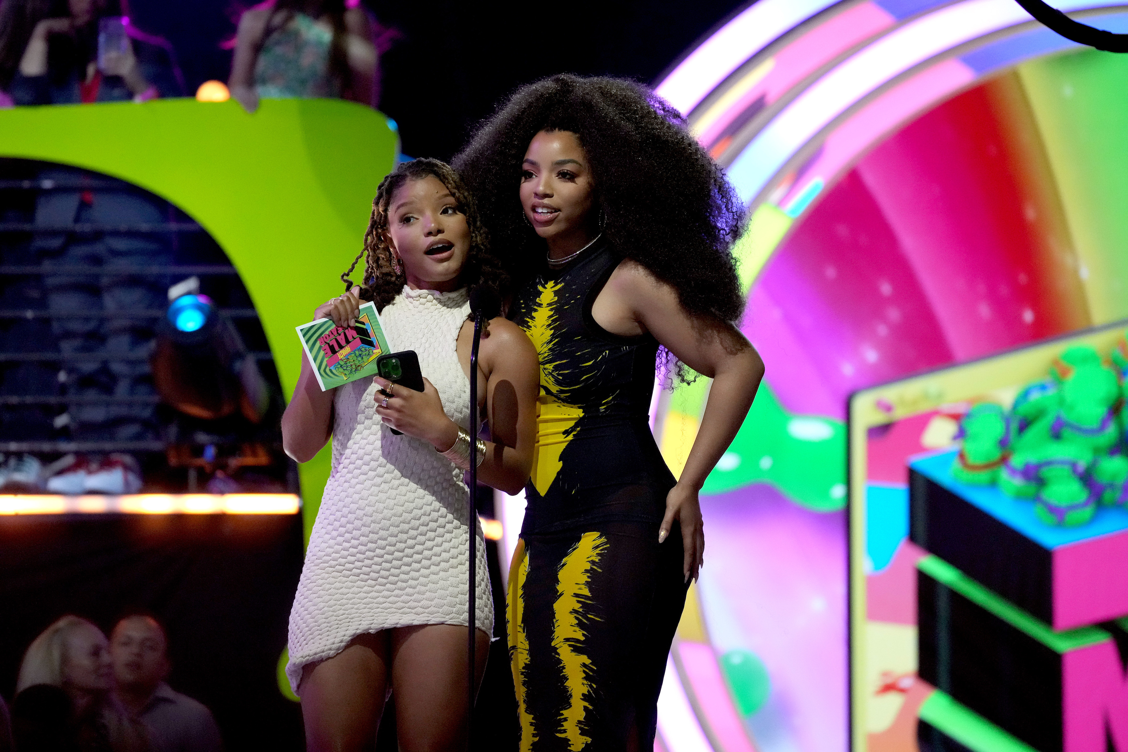 Halle Bailey and Chloe Bailey speak during the Nickelodeon's Kids' Choice Awards 2022