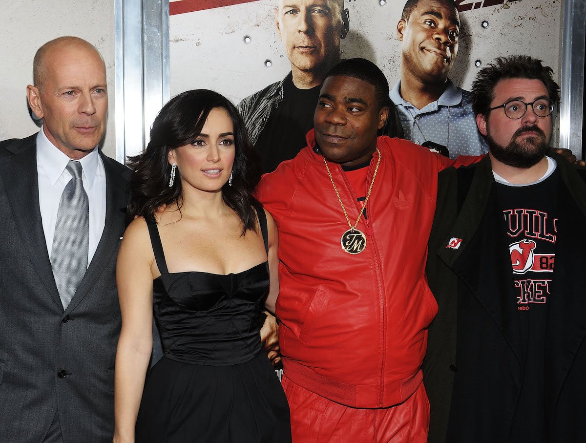 Bruce Willis, Ana de la Reguera, Tracy Morgan and director Kevin Smith pose for cameras at the premiere of Cop Out in 2010